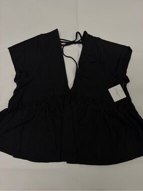 American Eagle Outfitters Black V-Neck Peplum Tie-Back Top